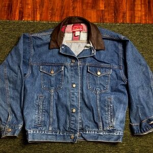 Vintage Marlboro Man Country Store Blue Denim Jean Jacket Leather Collar Mens M